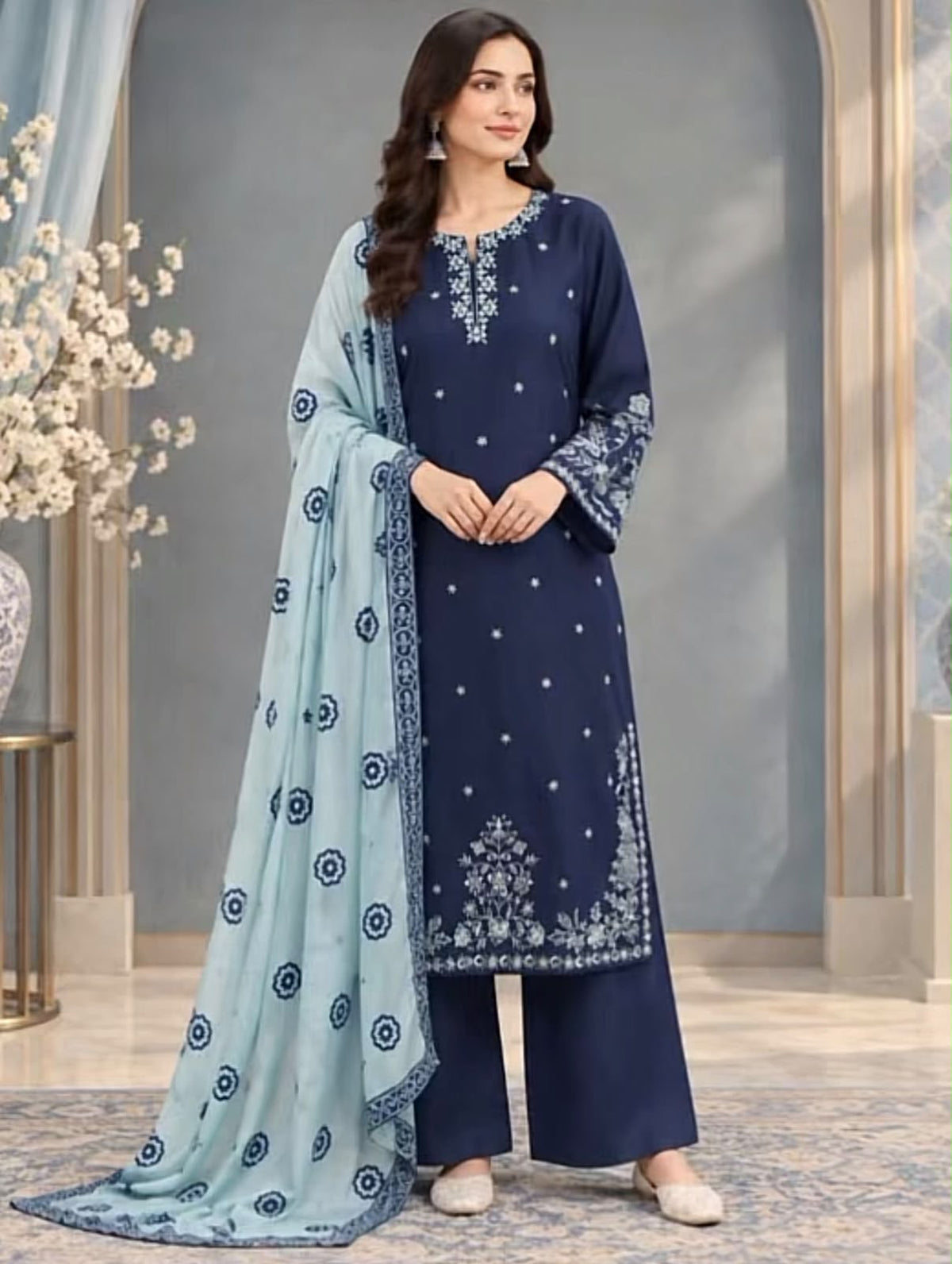 Winter Collection Dhanak embroidered 3pc with digital printed shawl