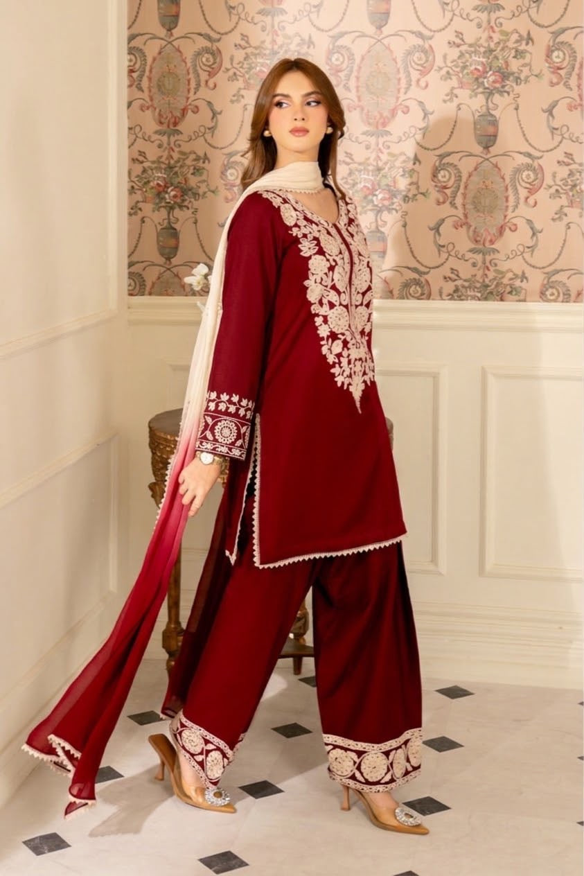 Winter Collection Dhanak embroidered 3pc with digital printed shawl