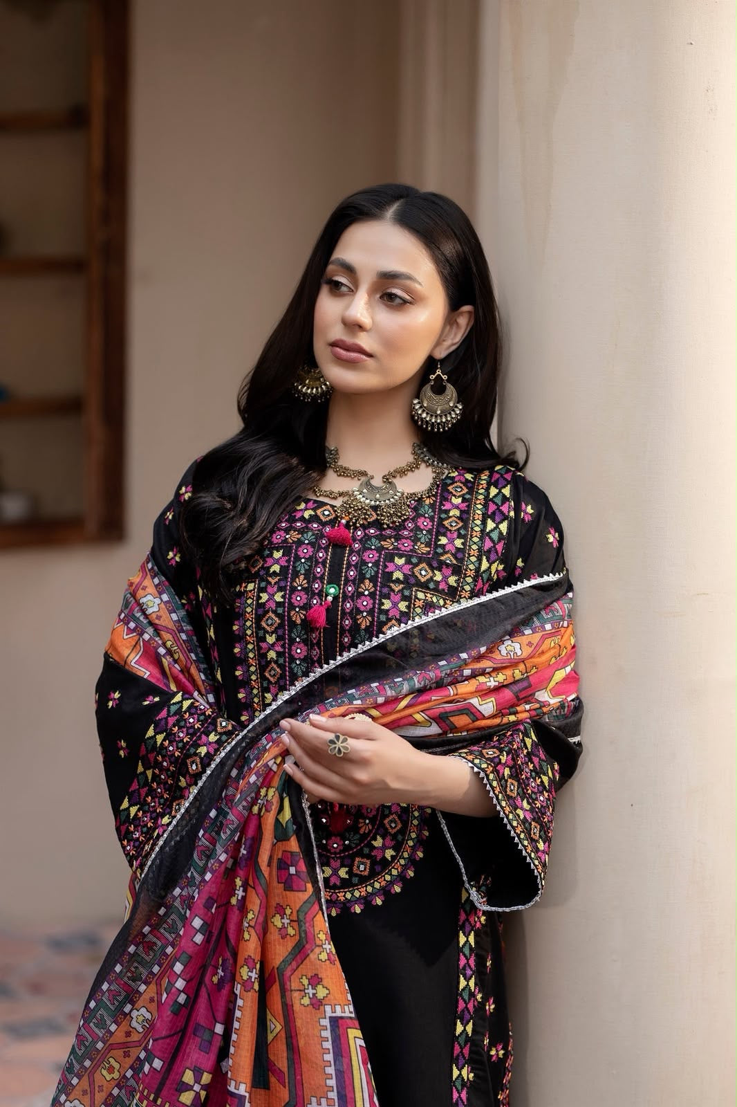 Winter collection Dhanak embroidered 3pc with digital printed shawl
