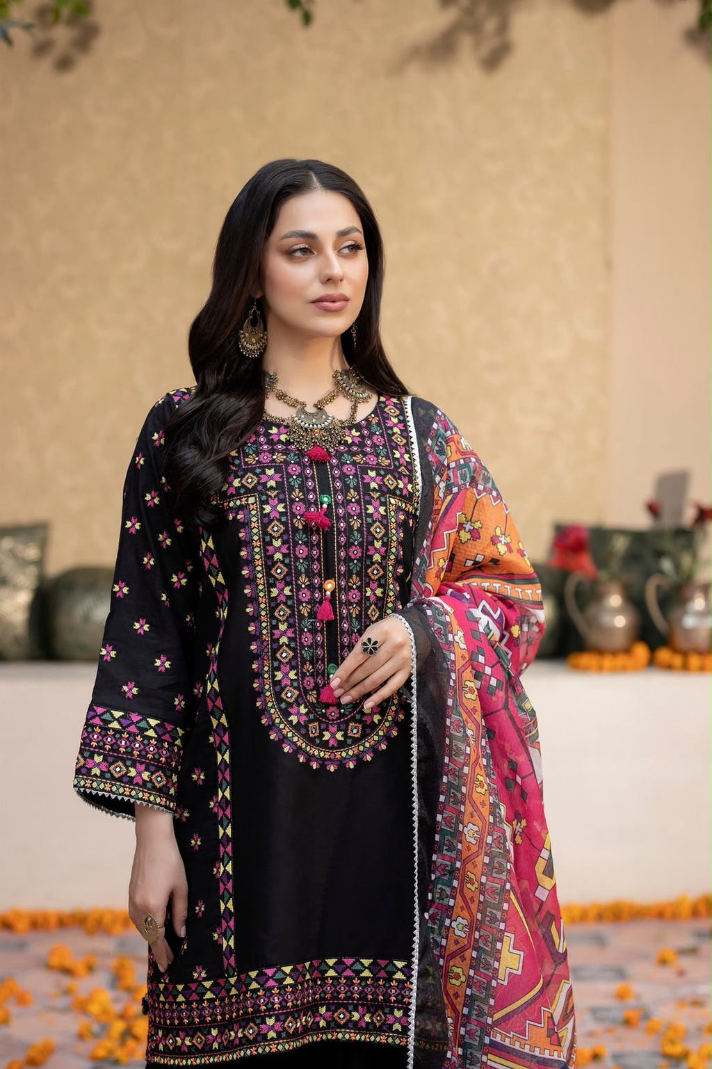 Winter collection Dhanak embroidered 3pc with digital printed shawl