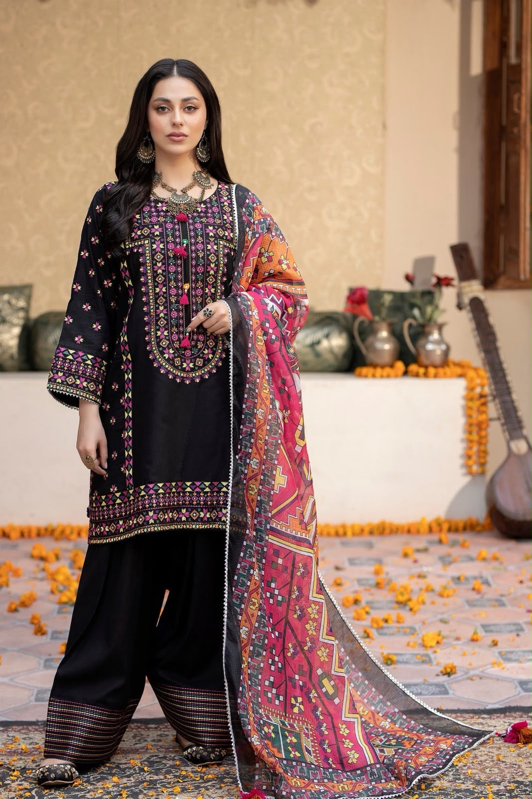 Winter collection Dhanak embroidered 3pc with digital printed shawl