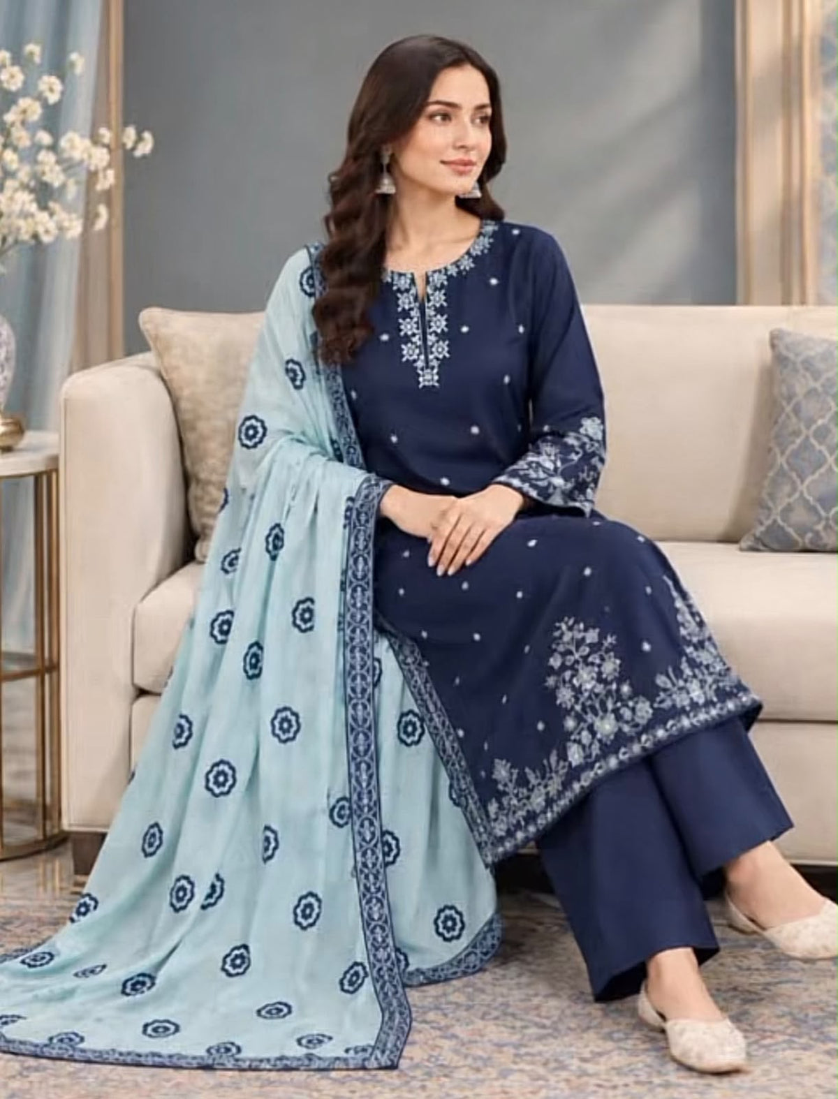 Winter Collection Dhanak embroidered 3pc with digital printed shawl