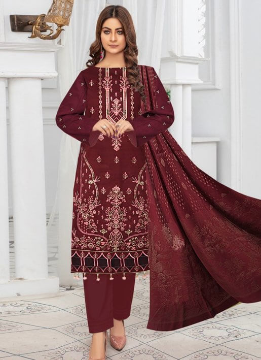 Bana Dora Emb 3Pc with Daman Applique & Jacquard Dupatta – Unstitched (SF-1060)